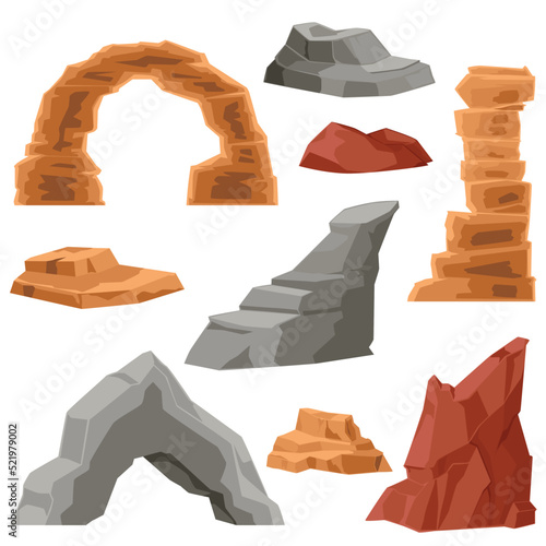 Desert stones arches and heaps flat vector illustration isolated on white.