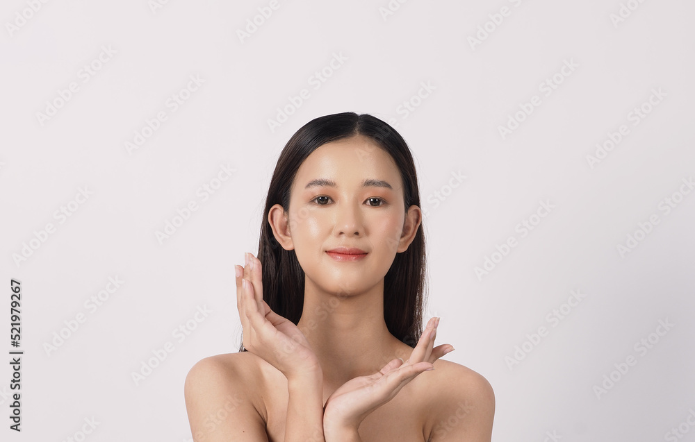 Young Asian women face with Korean style make up for skincare cosmetics Young Asian women face with Korean style make up for skincare cosmetics