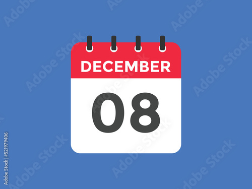 december 8 calendar reminder. 8th december daily calendar icon template. Calendar 8th december icon Design template. Vector illustration 