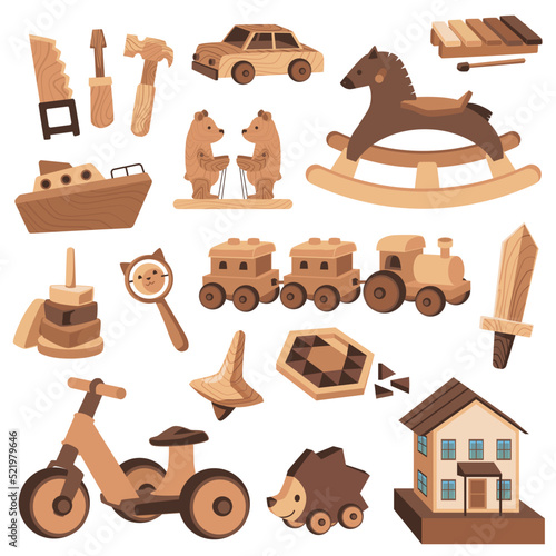 Kids wooden toys and toy tools set, flat vector illustration isolated.