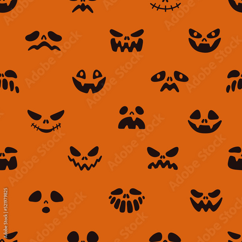 Halloween faces pattern. Seamless holiday background with spooky scary charac...