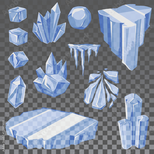 Realistic iceberg, ice cubes, glacier and icicle - cartoon vector illustration isolated on transparent background.