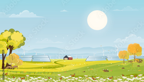 Spring landscape by the lake with green field,Solar panel wind turbines installed as renewable station energy sources for electricity and power supply,Vector nature rural by river blue sky and clouds