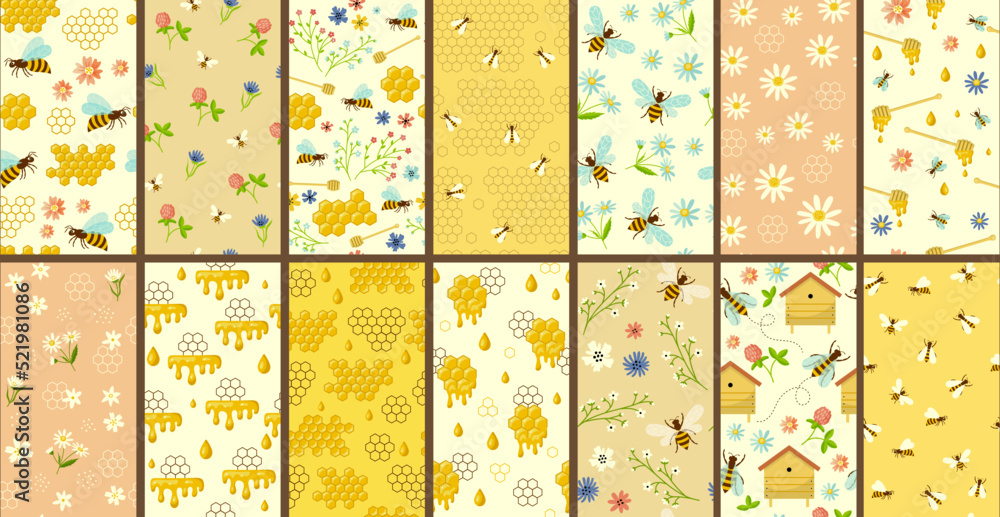 Bees pattern. Apiary honeycombs and bees collection recent vector cartoon seamless backgrounds Bees pattern. Apiary honeycombs and bees collection recent vector cartoon seamless backgrounds