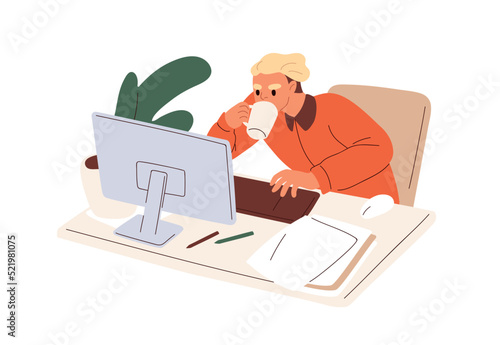 Busy employee overloaded with work. Office worker hurrying for deadline in stress, working hard at many tasks at computer desk workplace. Flat vector illustration isolated on white background