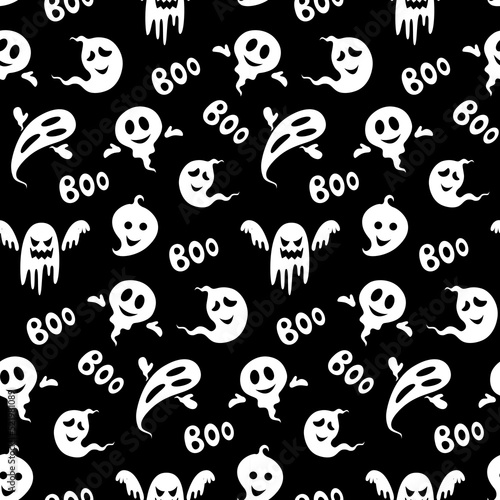 Ghost boo seamless pattern. Halloween. Design for fabric, wrapping paper, textile. Vector stock illustration.