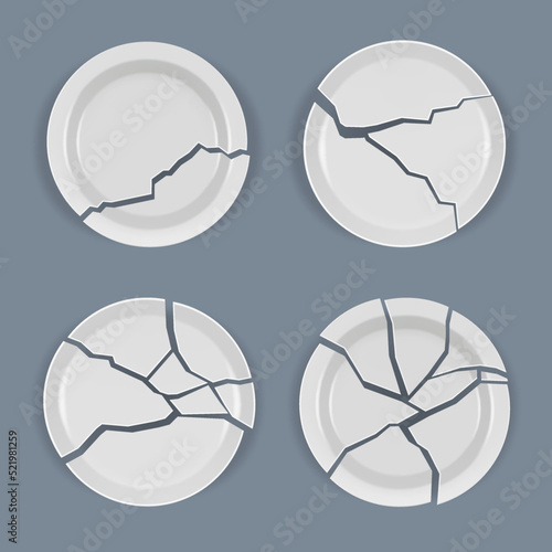 Crack plates. Realistic damaged dishware table wrek kitchen utensil decent vector templates of broken plates top view