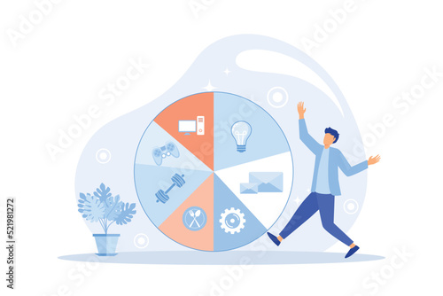 Daily schedule metaphor, daily affairs person, discipline indicators time for rest, work, sleep, food. Scheduling activities for day, time management, distribution of tasks, circle sectors occupation