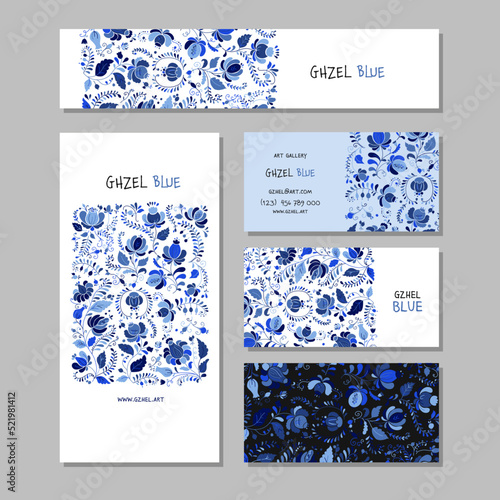 Blue gzhel ornament. Concept Art, frame and pattern background. Set of banner...