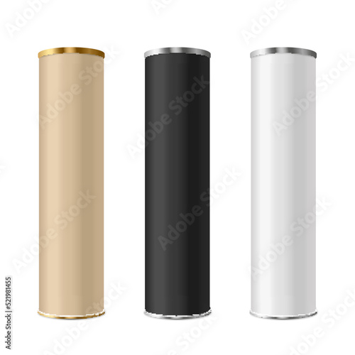 Template of cylinder tube boxes, realistic vector illustration isolated.