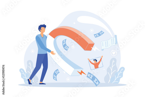 Vector ultraviolet illustration of attracting online customers. Big magnet and people with laptop around. Customer retention strategy, digital inbound marketing, customer attraction gradient banner.