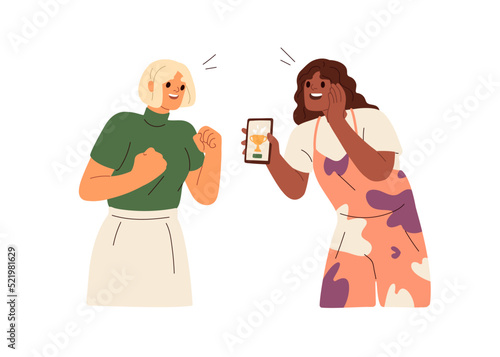 Online winner showing reward, trophy on mobile phone screen. Happy person champion winning fortune, prize in internet. Award, jackpot concept. Flat vector illustration isolated on white background