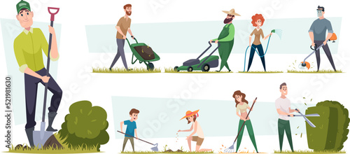 Gardening. Mowing lawn garden plants rural concept characters loving outdoor plants nature care exact vector gardenning concept illustrations