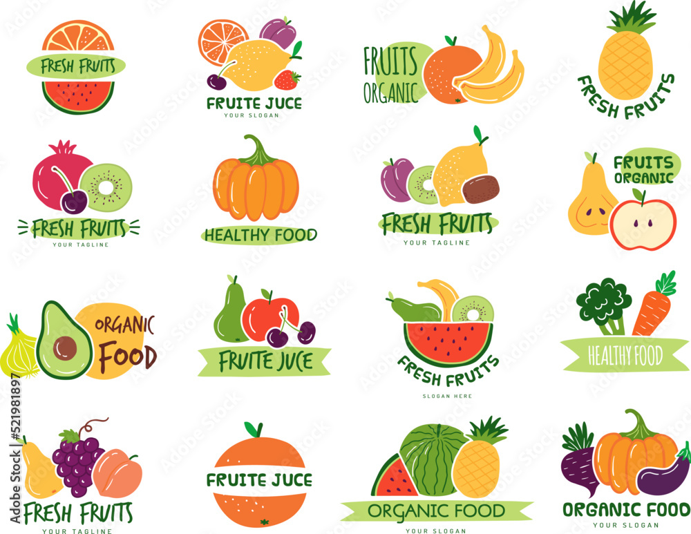 Fruits badges. Colored logotype with fruits juicy vegetables for personal identity brand design templates recent vector pictures test