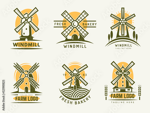 Windmill logo. Rural farm or bakery production labels and badges templates with wheat and windmill building recent vector stylized pictures set