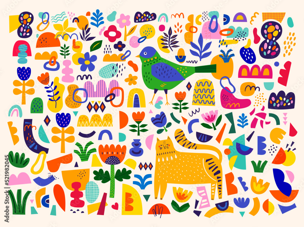 Cute pattern collection with cat and bird. Decorative abstract horizontal banner with colorful doodles and shapes. Hand-drawn modern illustrations with cat, flowers, abstract elements Cute pattern collection with cat and bird. Decorative abstract horizontal banner with colorful doodles and shapes. Hand-drawn modern illustrations with cat, flowers, abstract elements