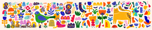 Cute pattern collection with cat and bird. Decorative abstract horizontal banner with colorful doodles and shapes. Hand-drawn modern illustrations with cat, flowers, abstract elements