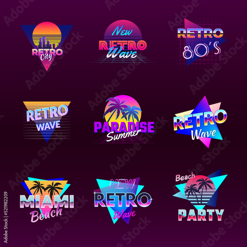Retro wave badges. Cyberpunk california electro synth wave style logo. Recent vector retro templates with place for text