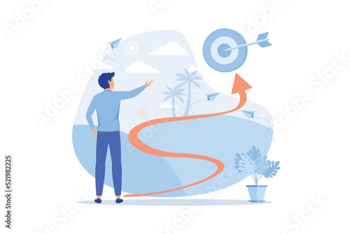 Strategic management Businessman with briefcase, arrow in target, Success planning and expected development. Wealth and savings growing. Flat design Modern illustration