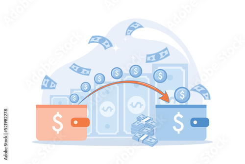 Money transfer from and to wallet Capital flow, earning or making money. Financial savings or economy concept. flat vector modern design illustration