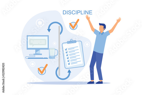 Discipline concept Working day idea metaphor. Daily affairs of person, Fulfillment of planned plans according to regulations flat vector modern design illustration