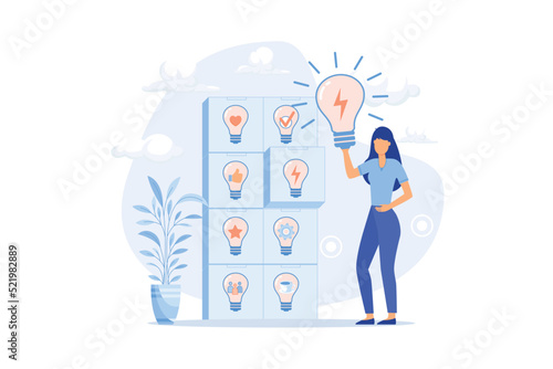 ideas and best option selection concept. Innovative brainstorming and finding right solution for business. girl thinks and develops new growth strategy. Modern flat illustration photo