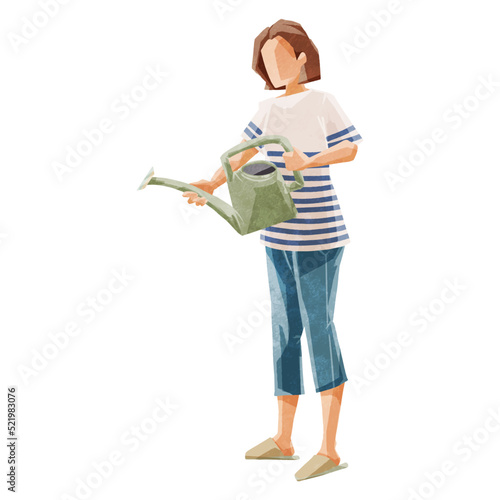 水やりをする人の手書き水彩風イラスト