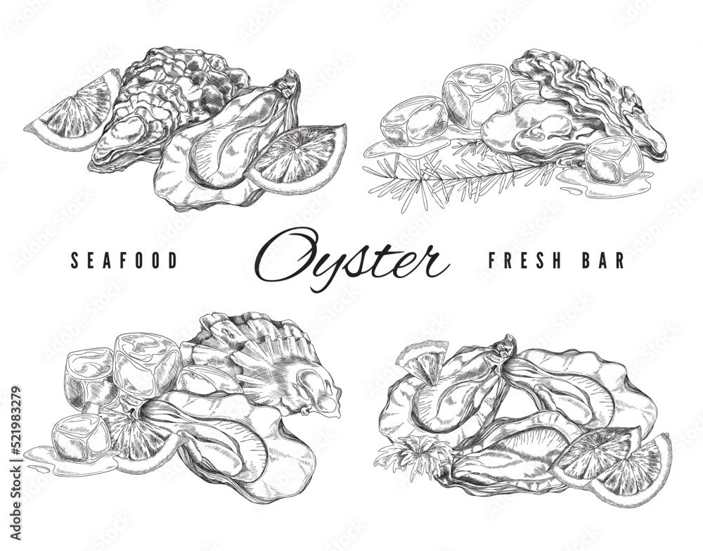 Seafood bar design set with oyster shells, sketch vector illustration isolated.