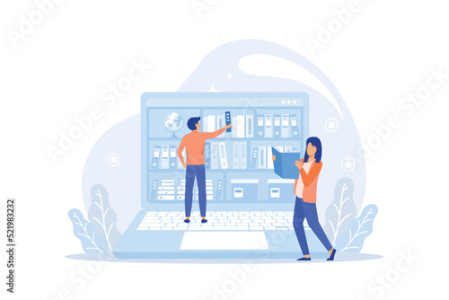 People in virtual e-library website landing page template layout flat vector illustration. Digital bookshelves, online reading, book store, literature university concept. modern flat illustration