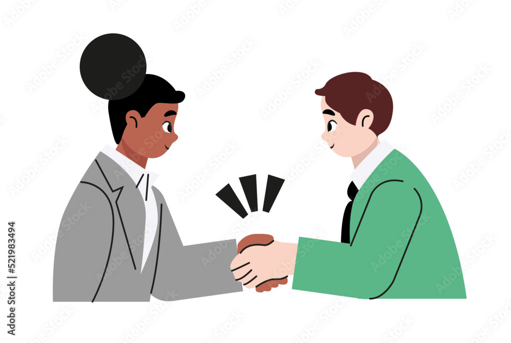 Business men, women people shaking hands over contract reaching agreement, holding signed papers set. Successful partners standing, closing deal. Partnership, handshake. Flat style vector design Business men, women people shaking hands over contract reaching agreement, holding signed papers set. Successful partners standing, closing deal. Partnership, handshake. Flat style vector design