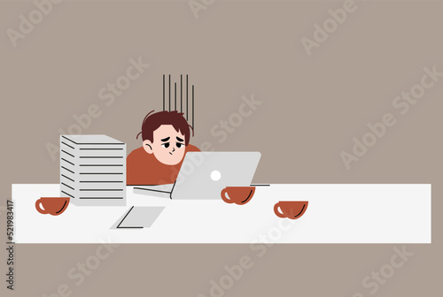 Man tired of hard working, burnout because of work, guy at office sits by the table with laptop and procrastinating, unhappy person overworked and needs battery recharge. Flat style vector design