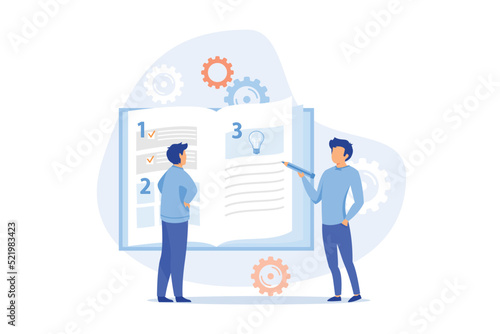 Business rules Business people studying list of rules, reading guidance, for company order, restrictions, law, regulations flat vector modern illustration
