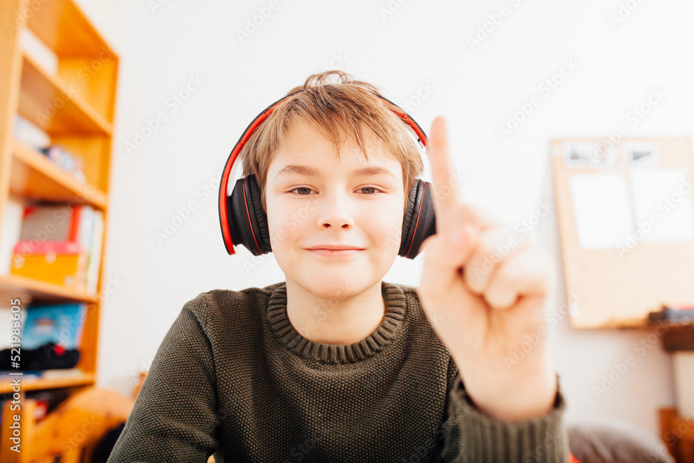 Home schooling boy in video chat camera