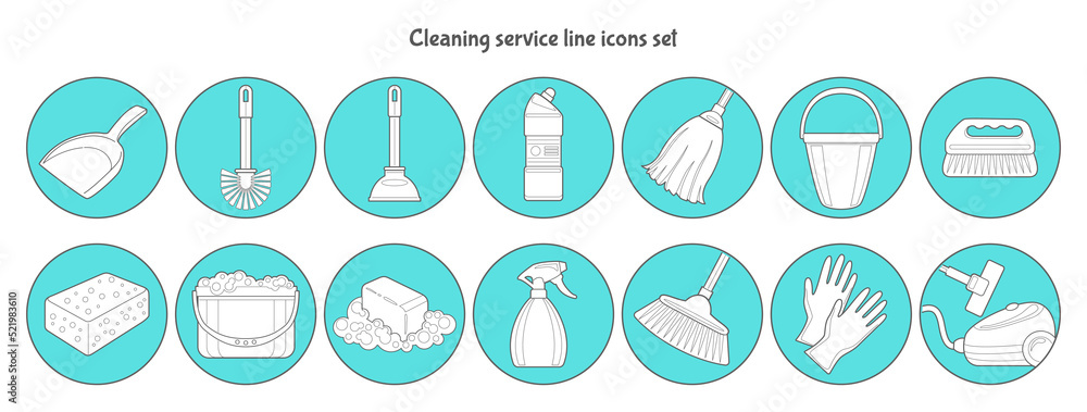 Cleaning service line icons set. Outline vector symbol collection, linear style pictogram pack of shovel, brush, plunger, detergent, bucket, broom, sponge, pail, soap, mop, gloves, hoover. Cleaning service line icons set. Outline vector symbol collection, linear style pictogram pack of shovel, brush, plunger, detergent, bucket, broom, sponge, pail, soap, mop, gloves, hoover.