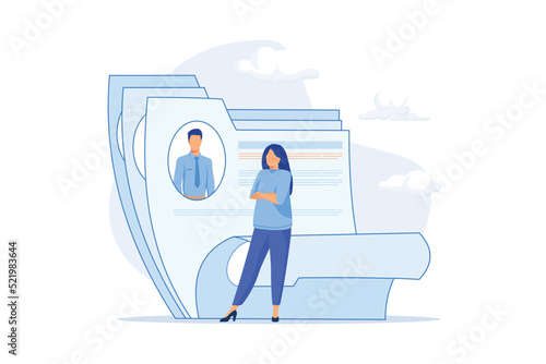 woman office workers standing in front of list of job applicants. Concept of choice of worker or personnel, staff recruitment or employee hiring flat vector modern illustration