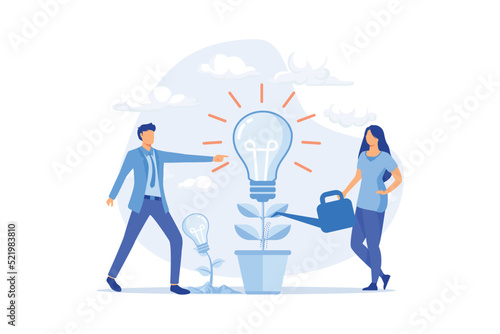 Business team watering innovation plant, growing tree with lightbulb. People having idea for eco future, environment, electricity. modern Flat vector illustration