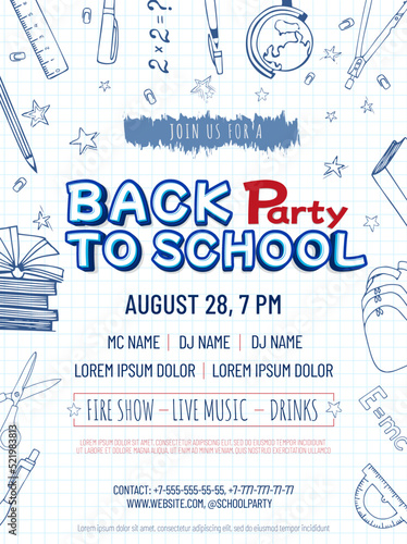 Back to school party. School poster with hand drawn elements.  Vector, fully editable.