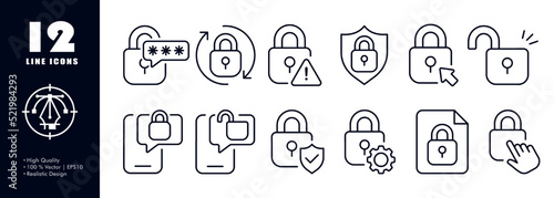 Protect private data set icon. Lock, password, keyword, arrow, renew, sync, shield, unlock, warning, backup, security system, gear, access settings file. Privacy concept. Vector line icon for Business