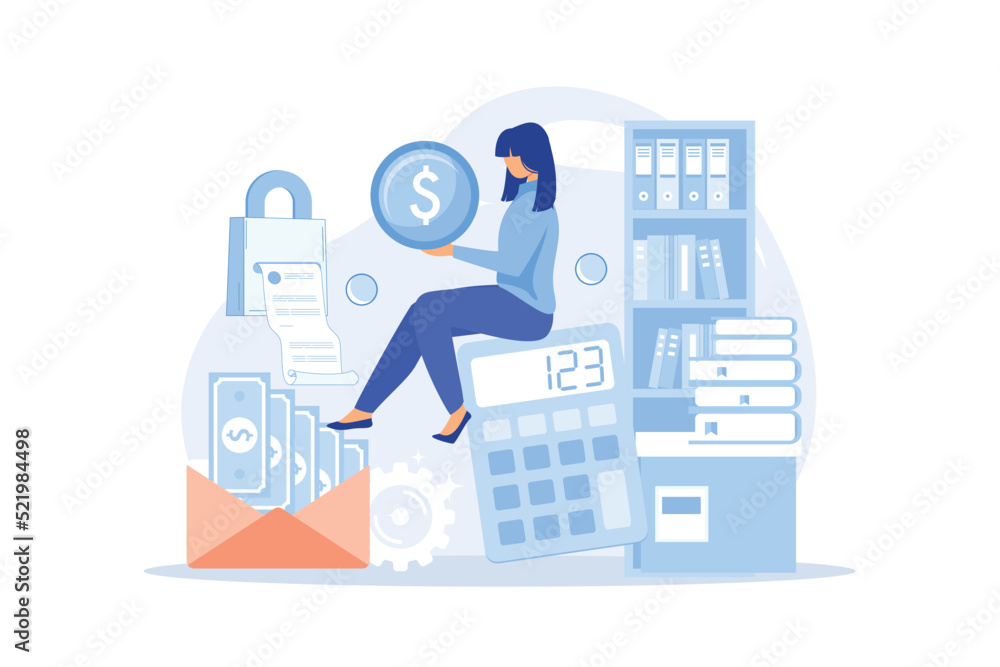 update personal information, registration claim documents, metaphors set. Tax filing, report your income information. Tax credits and expenses, financial report. flat modern design illustration update personal information, registration claim documents, metaphors set. Tax filing, report your income information. Tax credits and expenses, financial report. flat modern design illustration