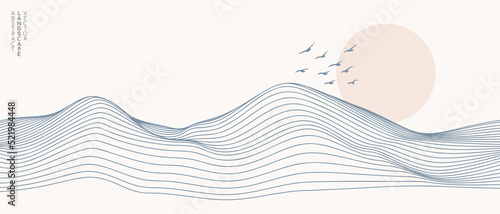 Vector abstract art landscape mountain with birds and sunrise sunset by blue line art texture isolated on white beige earth tone background. Minimal luxury style for wallpaper, wall art decoration.