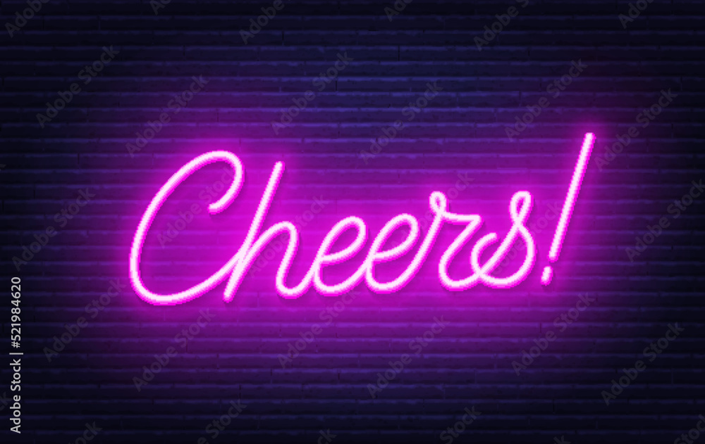 Fototapeta premium Cheers neon sign on brick wall background.