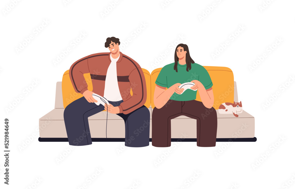Love couple of players sitting on sofa with video game joysticks. Young man and woman friends playing videogame with consoles together at home. Flat vector illustration isolated on white background
