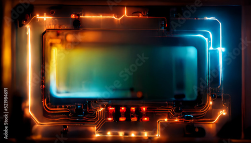 Electrical glowing lighting neon circuit on CPU mainboard background. Technology and abstract concept. 3D illustration rendering