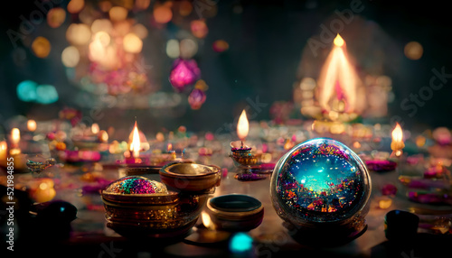 Diwali festival with colorful candles light and bokeh background.