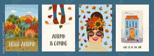 Set of autumn illustrations with cute girl. Vector design for card, poster, flyer, web and other.