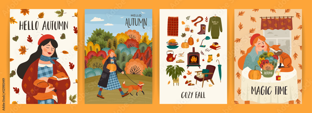 Set of autumn illustrations with cute girl. Vector design for card, poster, flyer, web and other.