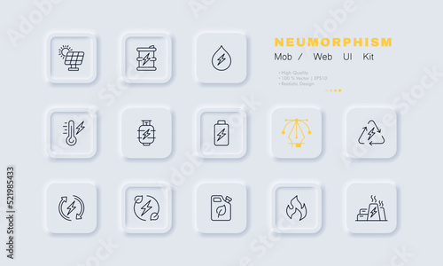 Sources of electric energy set icon. Solar battery, fuel, lightning, electricity, hydroelectric power station, water drop, thermometer, power plant. Technology concept. Neomorphism. Vector line icon