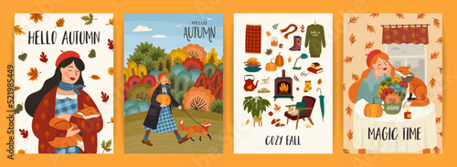 Set of autumn illustrations with cute girl. Vector design for card, poster, flyer, web and other. © Nadia Grapes