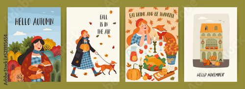 Set of autumn illustrations with cute girl. Vector design for card, poster, flyer, web and other.