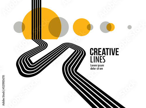 Linear composition vector road to horizon, abstract background with lines in 3D perspective, optical illusion op art, black and yellow colors.